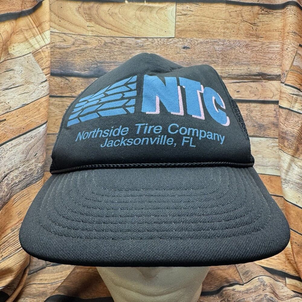 Vtg NTC Northside Tire Co Jacksonville FL Black Trucker Snapback Hat Mesh Cap